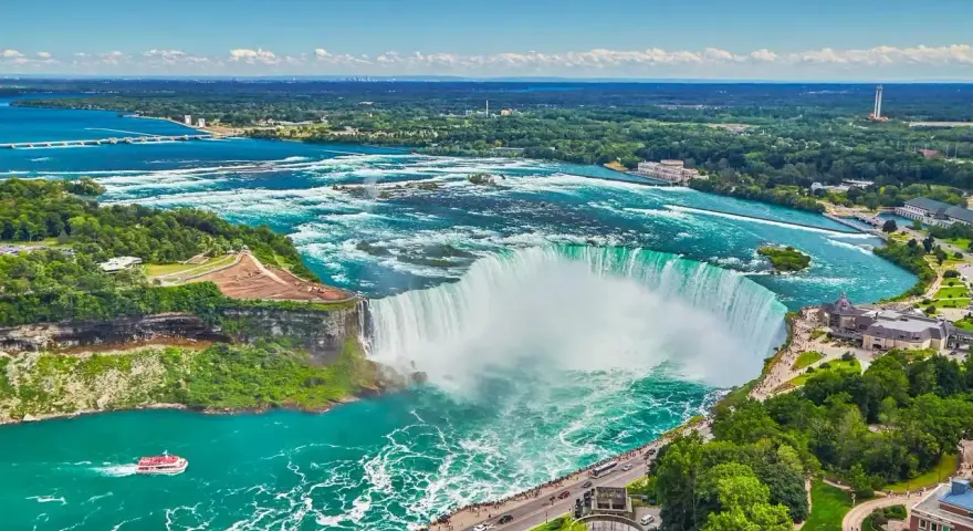 Potężne wodospady Niagara w pełnej krasie, gdzie jest niagara, z turkusową wodą i zielonymi brzegami.