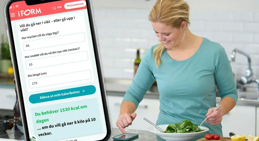 Kvinna använder app för att räkna ut sitt kaloribehov. Appen visar att hon behöver 1530 kcal per dag för att gå ner 8 kg på 10 veckor.