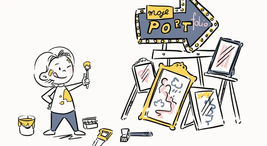Dziecko z pędzlem i farbą, obok stoją obrazy i neonowy szyld "moje portfolio". To świetny przykład portfolio artystycznego.
