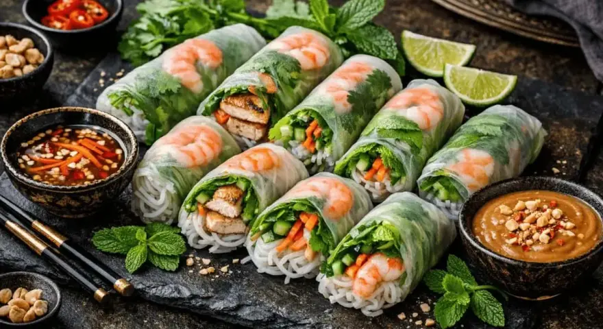 Färska vietnamesiska vårrullar med räkor, grönsaker och nudlar, serverade med en krämig jordnötsås som vietnamesiska vårrullar sås.