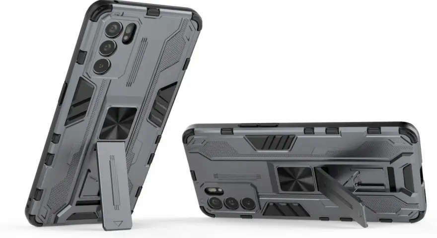 Szare, pancerne etui na telefon Oppo Reno 6 5G z wbudowaną podstawką i uchwytem na palec.