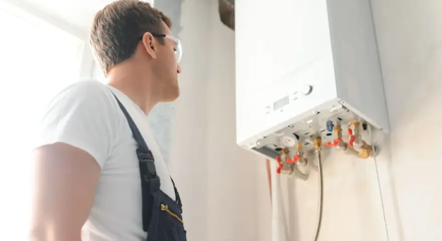 Instalator sprawdza kocioł gazowy, przygotowując dom na nadchodzący sezon grzewczy.