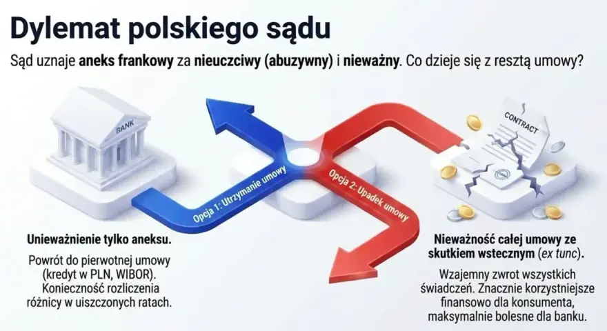 Dylemat kredytów frankowych: sąd unieważnia aneks, co dalej z umową? Dwie opcje: utrzymanie lub upadek umowy.