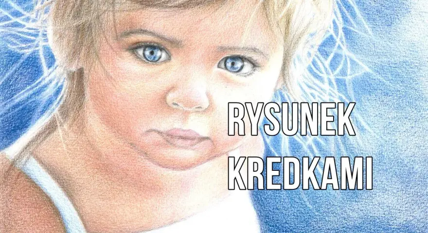 Uroczy portret dziecka z niebieskimi oczami, wykonany techniką rysunki kredkami.