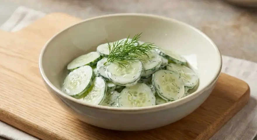 Frischer gurkensalat mit joghurt und dill in einer schüssel, garniert mit dill.