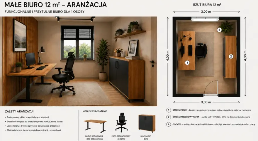 Funkcjonalne biuro z miejscem na drukarkę, gdzie drewno i jasne kolory tworzą przytulną atmosferę.