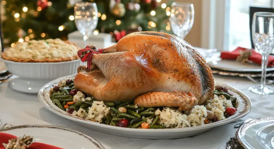 Un chapon rôti, prêt pour un repas de fête, servi avec des haricots verts et du riz. Une recette chapon farci à l'ancienne pour un Noël traditionnel.
