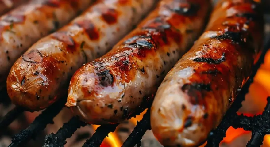 Soczysta kiełbasa z grilla, rumiana i pachnąca, piecze się nad ogniem. Idealna na letnie spotkania.