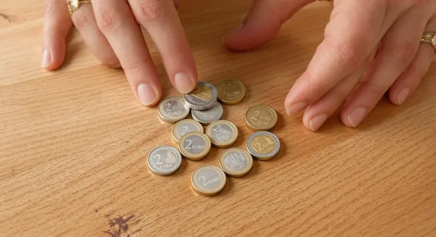 Mains disposant des pièces de 2 euros bremen 2010 sur une table en bois.