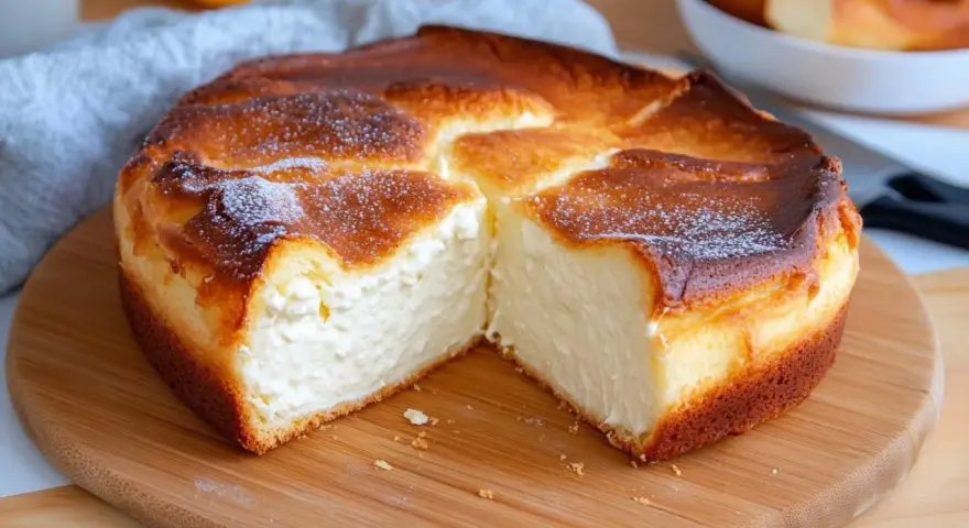 Gâteau aérien et crémeux, parfait pour une recette avec fromage blanc. Sa croûte dorée et son cœur moelleux invitent à la gourmandise.