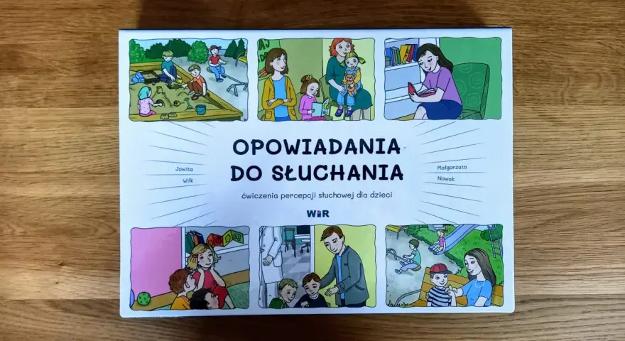 Opowiadania do słuchania: ćwiczenia percepcji słuchowej dla dzieci. Ilustracje przedstawiają dzieci bawiące się na placu zabaw, w piaskownicy, czytające książki i w gabinecie lekarskim.