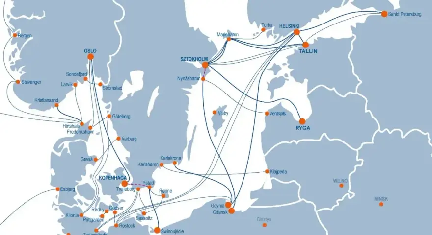 Mapa tras promowych łączących porty od Norwegii po kraje bałtyckie, w tym prom do Danii.