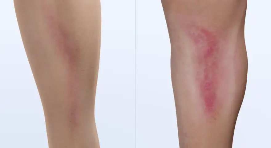 Vergleich zweier Beine: Links ein unauffälliger Bereich, rechts eine gerötete, geschwollene Stelle, die auf Thrombophlebitis Symptome hinweisen könnte.