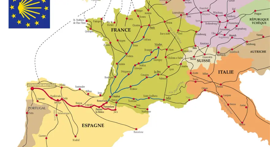 Carte des Chemins de Saint-Jacques, montrant les routes traversant la France, l'Espagne, le Portugal, l'Italie et l'Allemagne.