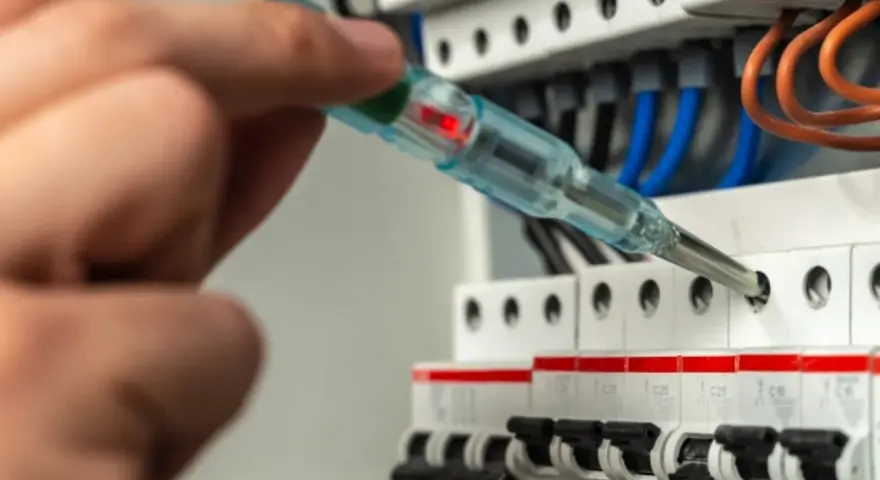 Dłoń trzymająca próbniki napięcia przy bezpiecznikach w skrzynce elektrycznej.