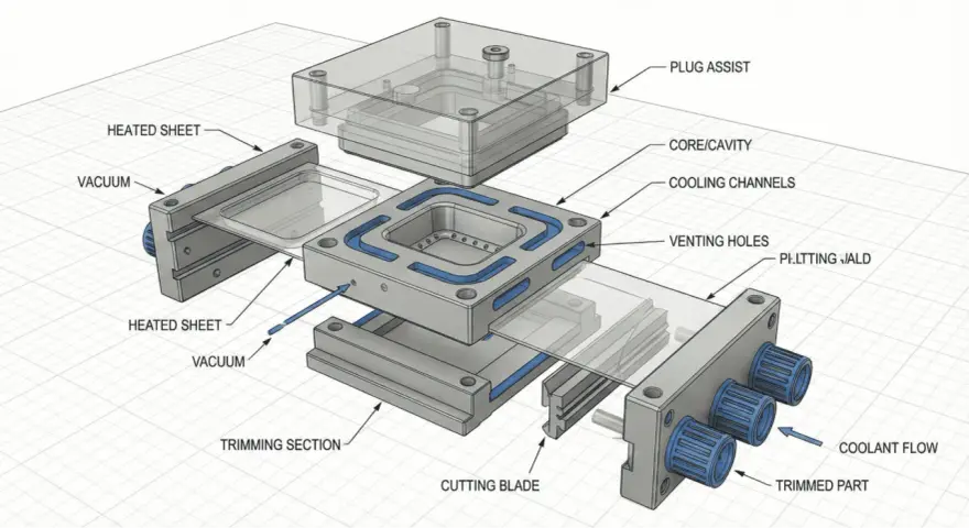 Exploded view of a vacuum forming mold design, showing heated sheets, vacuum, core/cavity, cooling channels, venting holes, and a cutting blade.