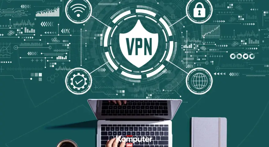 Grafika przedstawia laptopa z widokiem na klawiaturę, na tle schematów sieciowych i symboli VPN. To jak cyfrowy świat, gdzie hamachi zapewnia bezpieczne połączenie.