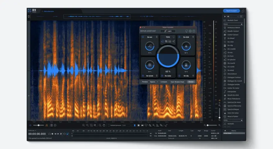 Das Interface von izotope rx 10 zeigt eine Wellenform und ein Spektrogramm. Der Reparaturassistent bietet Werkzeuge wie De-ess, De-noise und De-clip.