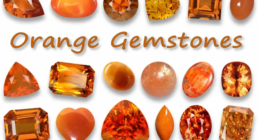 Collezione di pietre preziose arancioni, tra cui citrino, corniola e diaspro, con la scritta "Orange Gemstones".