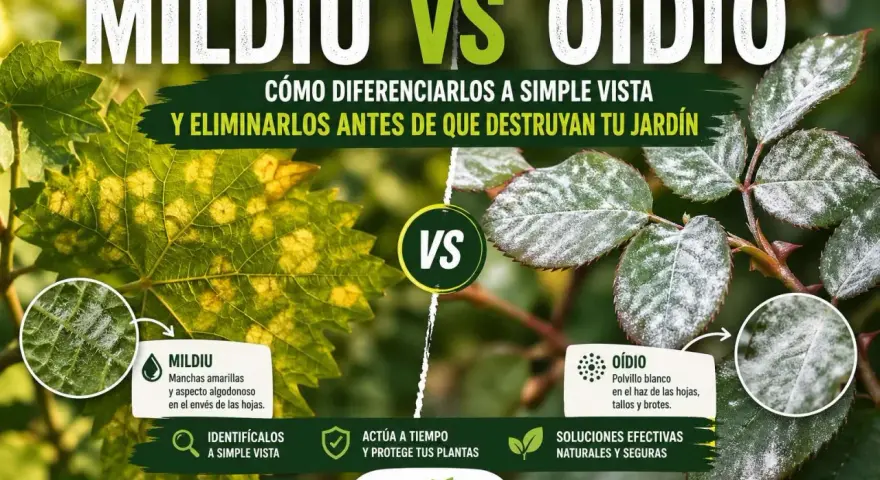 Comparativa visual de mildiu y oídio hongo en hojas. El mildiu causa manchas amarillas y aspecto algodonoso, mientras que el oídio deja un polvillo blanco.
