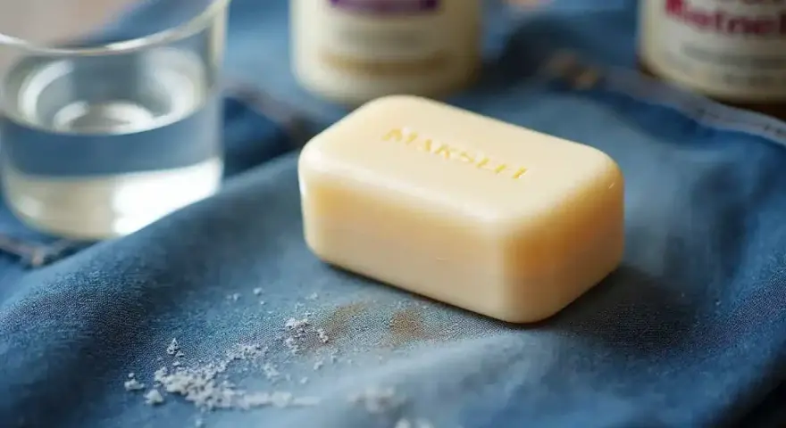 Savon, eau et bicarbonate de soude pour enlever une tache de gras sur un jean.