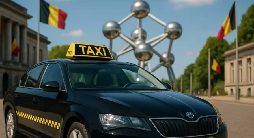 Schwarzer Taxi in Belgien vor dem Atomium. Belgische Flaggen wehen im Hintergrund.