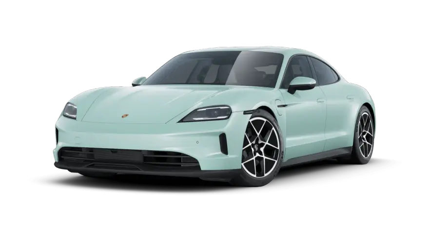 Miętowe porsche elektryczne z czarnymi felgami, gotowe do ekologicznej jazdy.