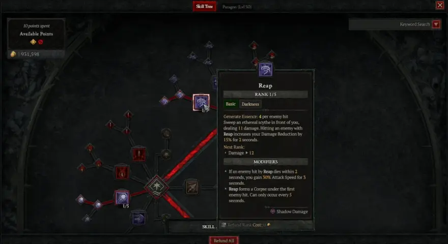 Árbol de habilidades de Diablo 4: build nigromante diablo 4, habilidad "Reap" con modificadores de daño y velocidad de ataque.