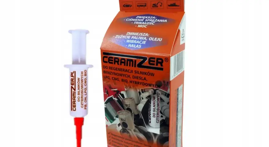 Ceramizer w strzykawce i opakowanie produktu. Preparat do regeneracji silników, zmniejsza tarcie, zużycie paliwa i oleju.