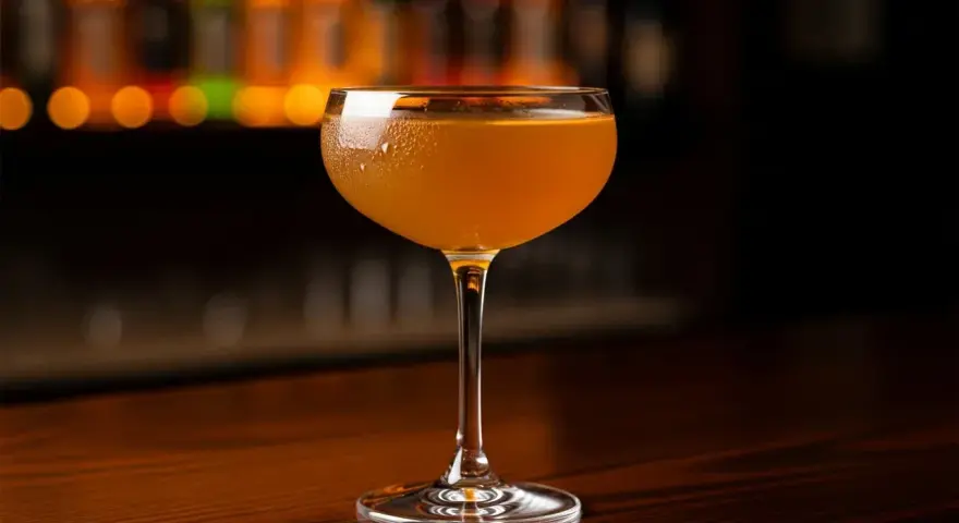 En gyllene Paper Plane cocktail i ett elegant glas, redo att lyfta smaklökarna.