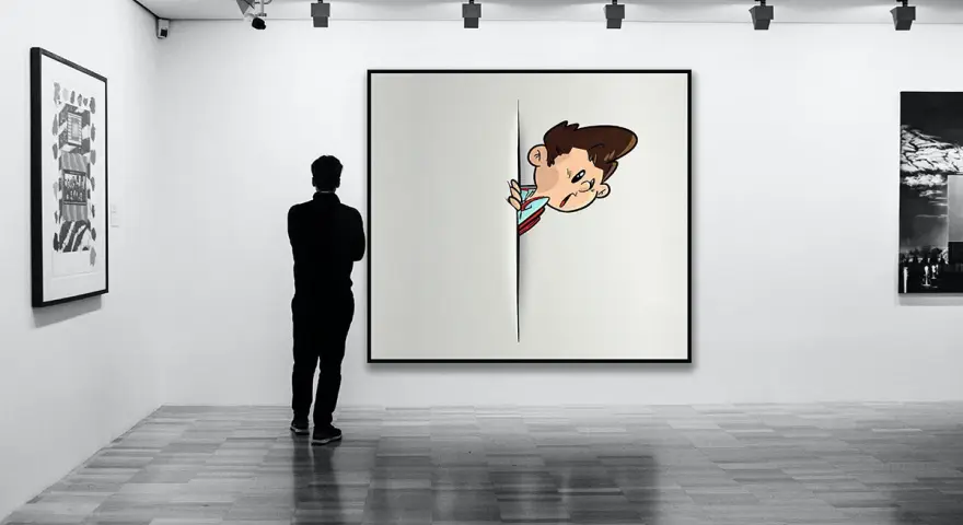 Un visiteur observe une œuvre d'art dans une galerie, une illustration de garçon espiègle sortant d'une toile. Idéal pour créer une galerie virtuelle gratuite.