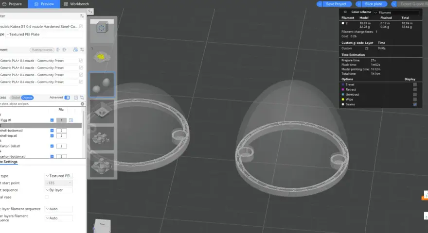 Ustawienia w Anycubic slicer dla druku skorupki jajka. Widoczne są modele, ustawienia filamentu i szacowany czas druku.