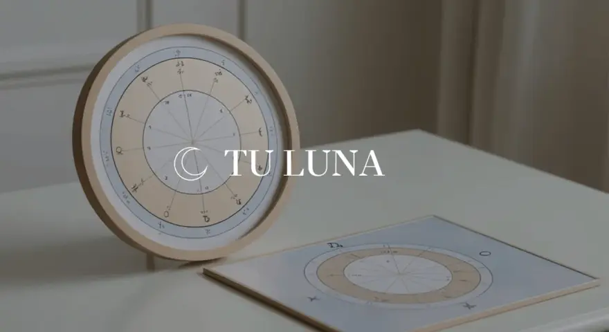 Dos cartas astrales, una circular y otra plana, muestran símbolos y números. El texto "TU LUNA" sugiere que exploran qué es la luna en la carta astral.