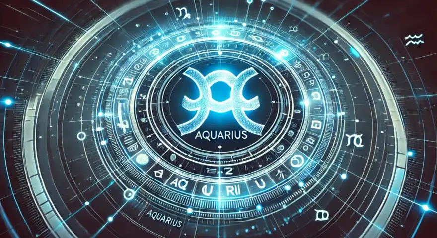 Cyfrowa tarcza z symbolami zodiaku i napisem AQUARIUS. Widoczny ascendent w Wodniku, otoczony neonowymi liniami i gwiazdami.