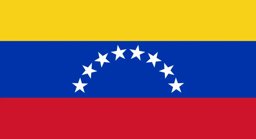 Bandera tricolor con franjas amarilla, azul y roja. En la franja azul, una hilera de estrellas blancas forma un arco. Es una bandera parecida a Francia, pero con estrellas.