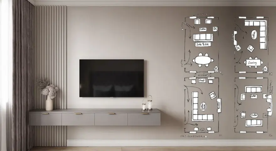 Un moderno soggiorno con un divano e TV laterale. Schizzi di planimetrie sul muro mostrano diverse disposizioni di mobili.