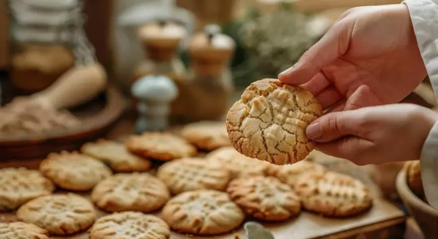 Une main tient un biscuit aux cookies chocolat craquelé. Une planche remplie de biscuits similaires est visible en arrière-plan.
