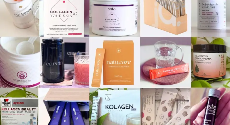 Kolagen na co pomaga? Wiele produktów z kolagenem, wspierających skórę, włosy i paznokcie, w różnych formach: proszek, shoty, saszetki.