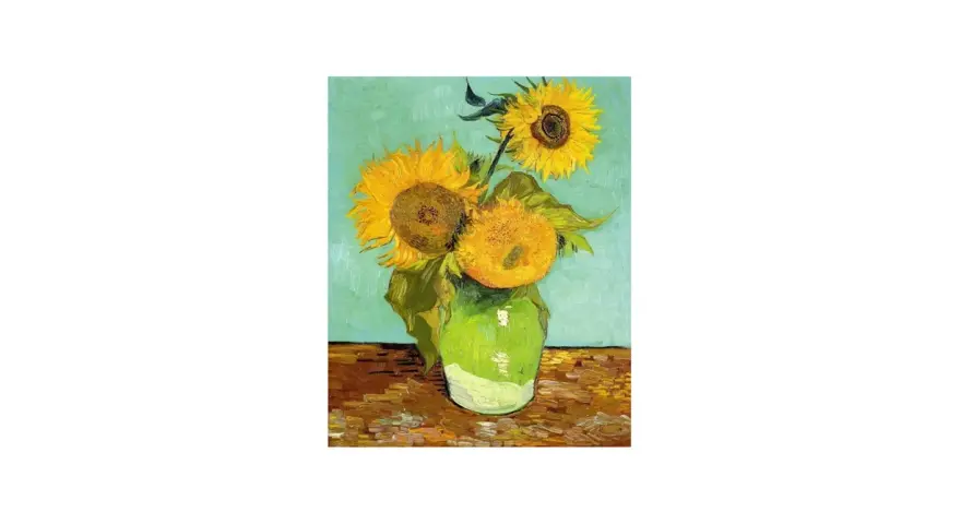 Vincent van Goghs solrosor i en grön vas. Tre solrosor med gula kronblad och bruna mittar mot en turkos bakgrund.