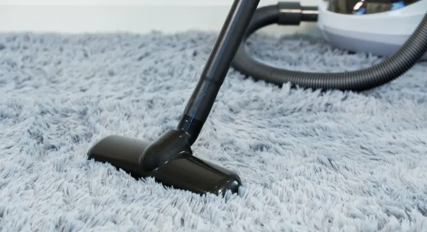 Vacuum cleaner head on a fluffy grey rug, demonstrating how to wash a rug by removing dust and debris.