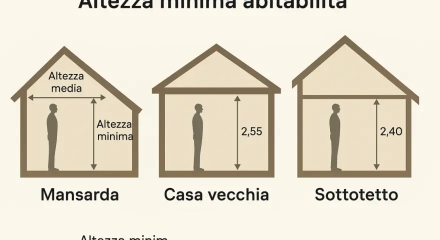 Illustrazione mostra l'altezza minima abitabilità in mansarda, casa vecchia e sottotetto.