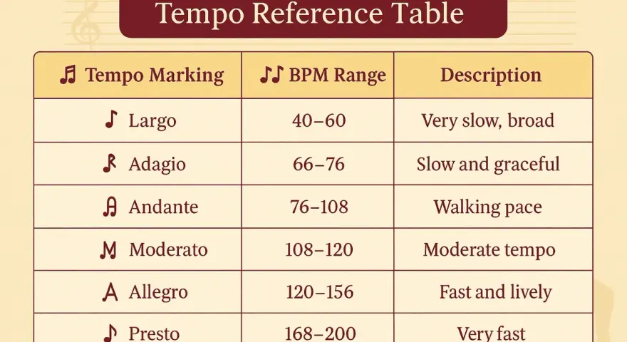Tabela tempa muzycznego. Largo ma zakres 40-60 BPM, czyli metronom 60 to tempo Largo.