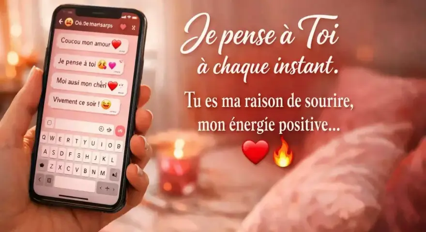 Un téléphone affiche des SMS romantiques, dont un "Vivement ce soir !" pour confirmer un rendez-vous amoureux.