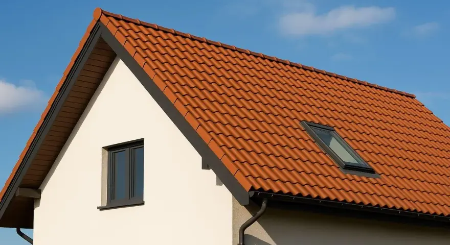 Ceglasty dach dwuspadowy z dachówką ceramiczną i oknem połaciowym. Kąt nachylenia dachu jest umiarkowany, idealny do odprowadzania wody.