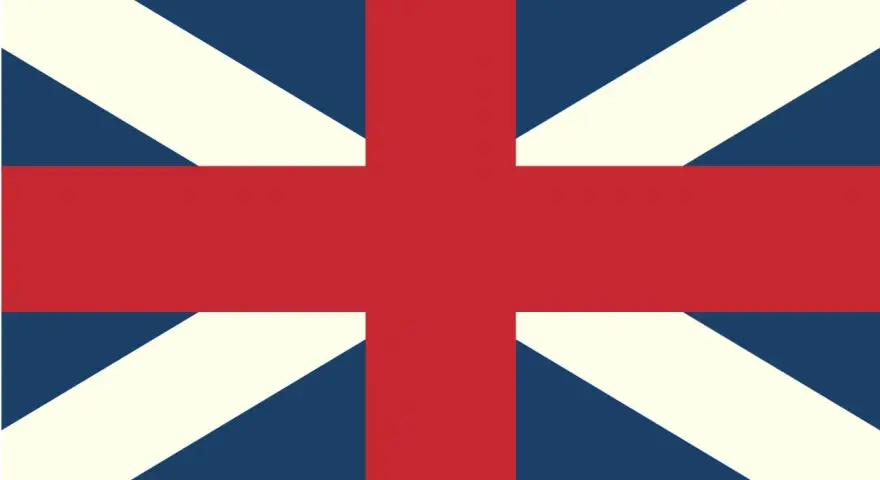 Flaga Wielkiej Brytanii, znana jako Union Jack, z czerwonym krzyżem na niebieskim tle i białymi oraz czerwonymi pasami.