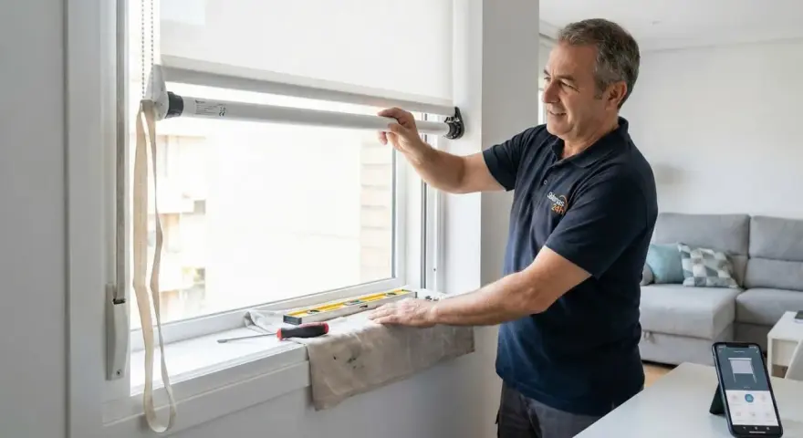 Técnico instalando motor para persiana, con herramientas y nivel a la vista. Un móvil muestra la interfaz de control.
