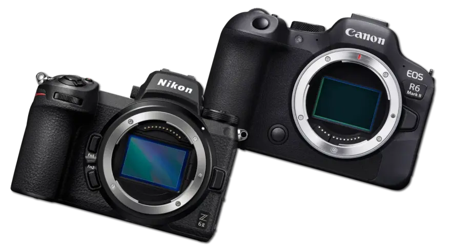 Dwa aparaty, Nikon Z 6II i Canon EOS R6 Mark II, gotowe do akcji. Który wybierzesz: canon czy nikon?