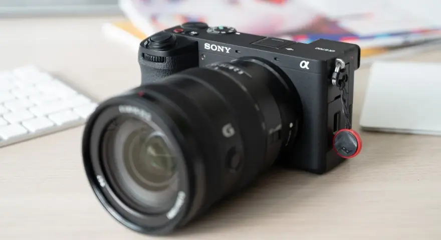 Appareil photo Sony Alpha a6700 prêt pour un test. Un objectif noir est monté, avec un clavier blanc et des documents flous en arrière-plan.