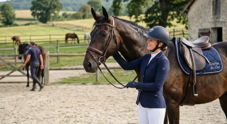 Une cavalière souriante, casque sur la tête, tient son cheval. La **FEI definition** de l'équitation est ici incarnée par cette scène paisible.