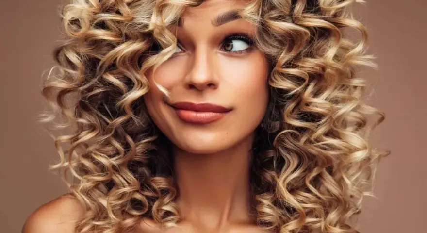 Kobieta z burzą blond loków, krótkie kręcone włosy podkreślają jej uśmiech i spojrzenie.